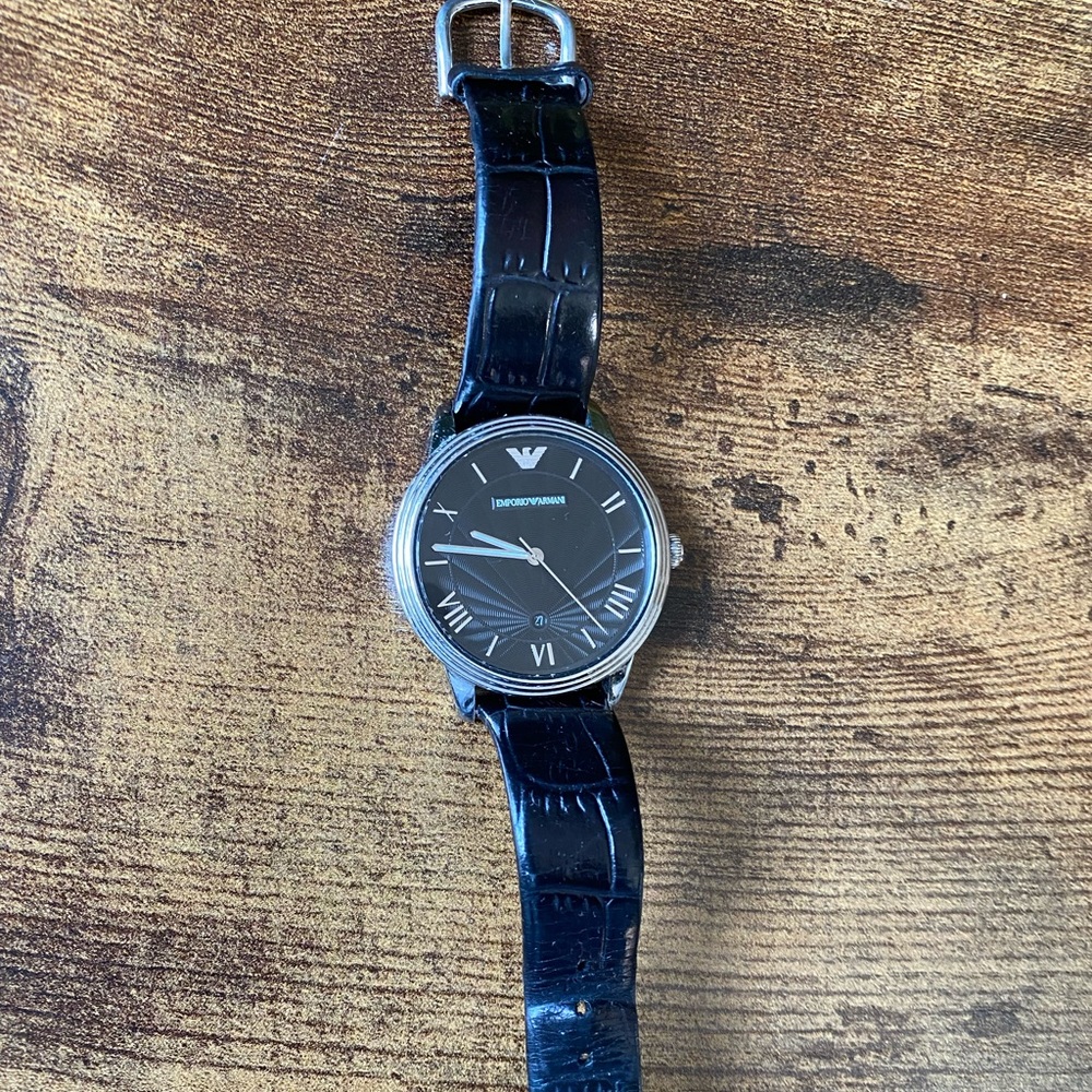 Emporio Armani Black Leather Watch with Stainless Steel